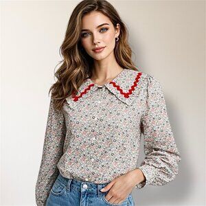 New English Factory S Pink Floral Puff Sleeve Ruffle Collar Cottagecore Blouse